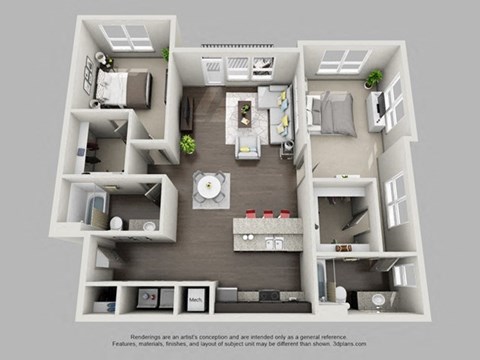 Floor plan for 2 beds, 2 baths, 1257 sqft